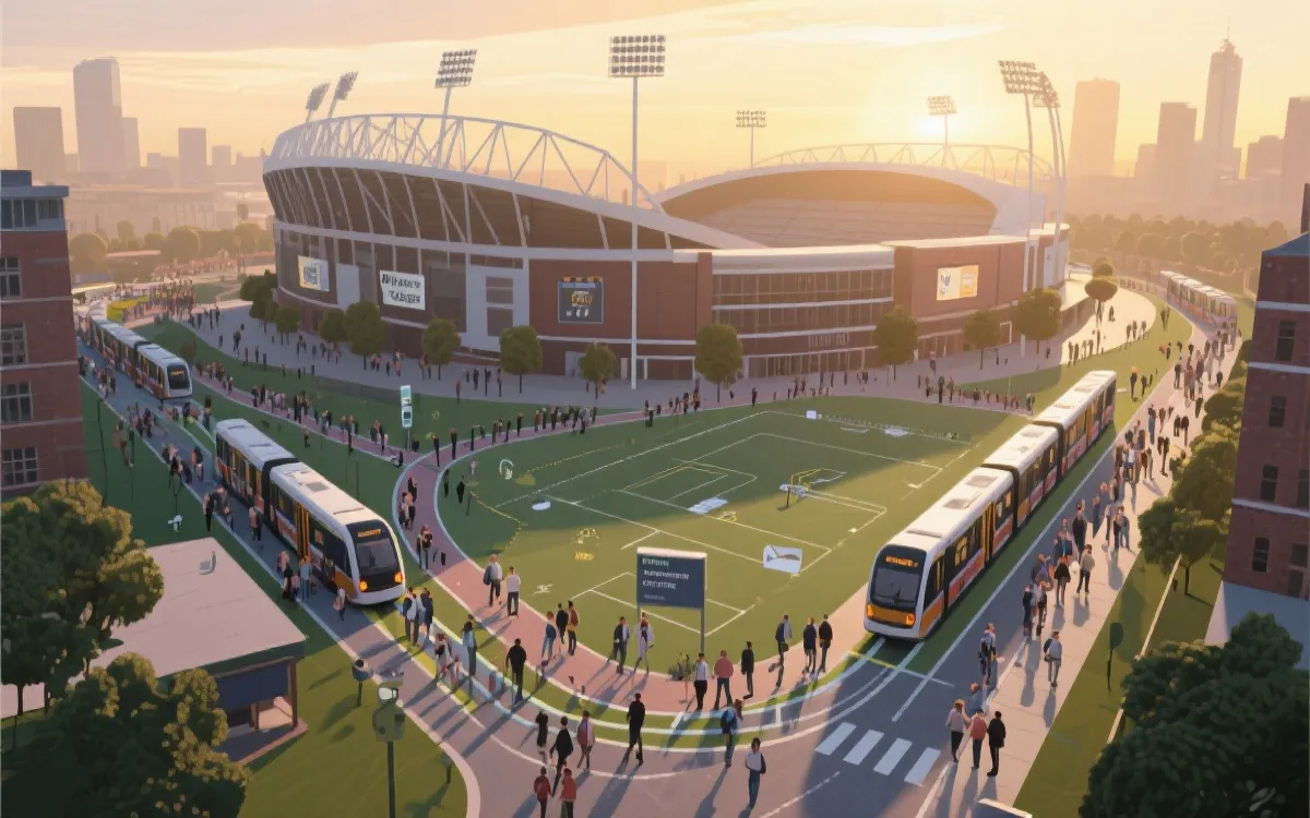 比赛日与赛后日常的城市交通对比示意，球场周边公共交通与步行流线