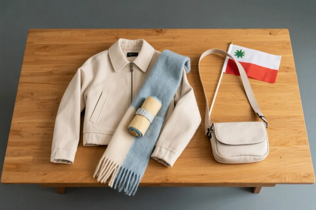 桌面平铺：可拆卸外套、围巾、折叠小旗与小包的观赛出门装备