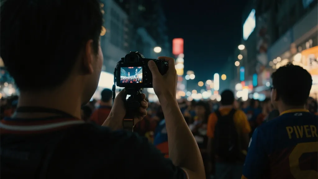 Vlog创作者在夜晚街头剪影，手持相机记录球迷氛围，适合作为封面视觉参考