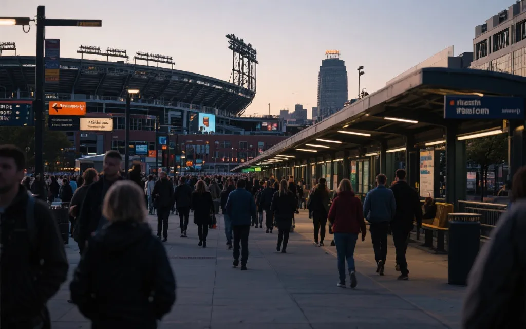 比赛日球场周边步行人流与公共交通接驳动线示意氛围图