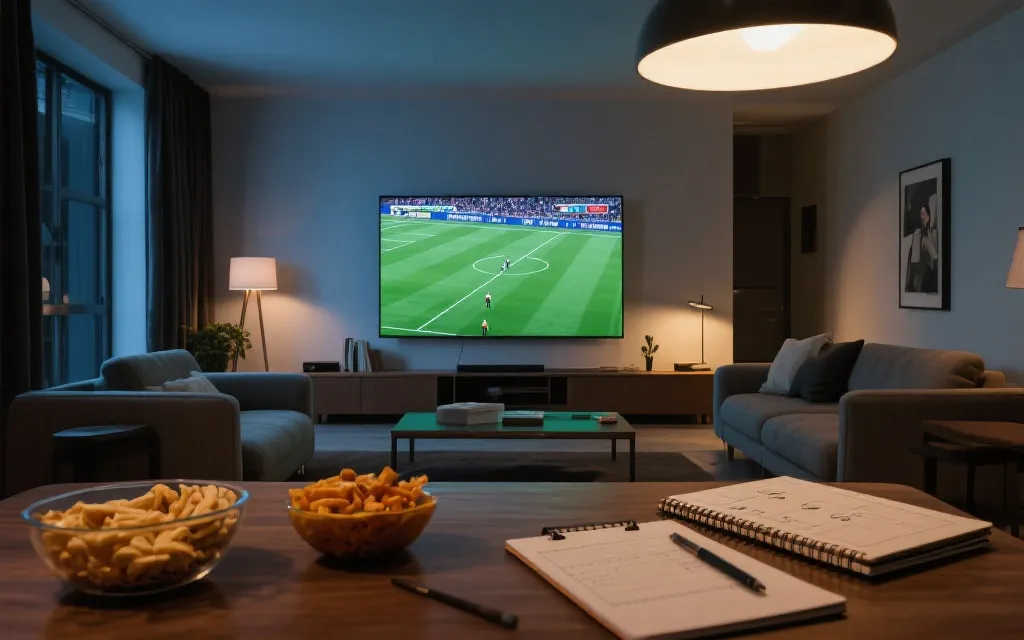 夜晚客厅大屏观看足球比赛的氛围场景