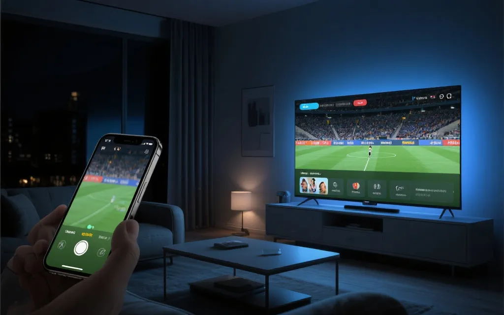 智能电视界面与手机投屏的家庭观赛场景，简洁 UI，夜晚客厅氛围
