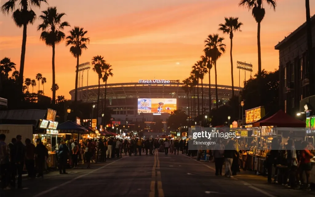 洛杉矶观赛周末：阳光城市街区、球迷与球场灯光的氛围