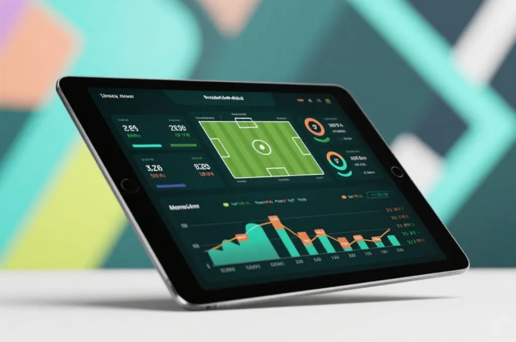An abstract sports analytics dashboard on a modern tablet displaying football match statistics and probability charts.