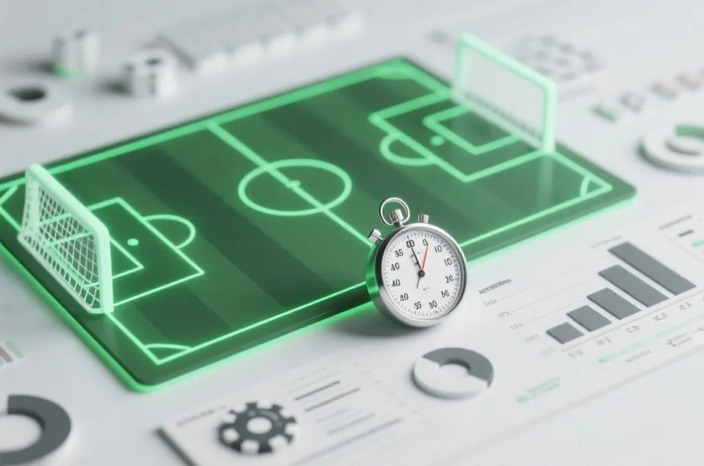 An abstract visual representation of a tactical soccer board with glowing green lines, a stopwatch timer, and neutral analytical data charts, clean design, no gambling elements