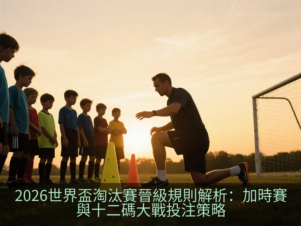 黃昏下空無一人的專業足球球門與草皮,象徵決勝時刻